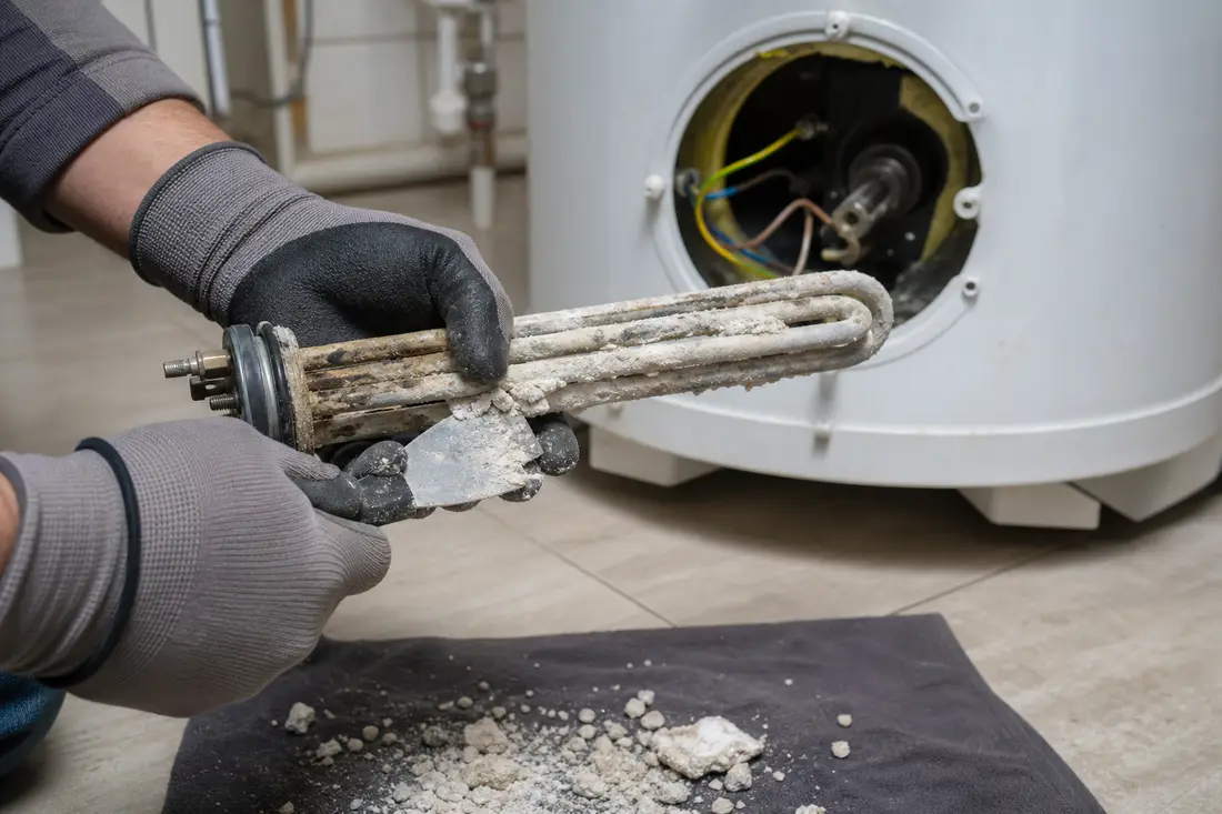 Sanitärinstallateur in Arbeitshandschuhen entkalkt den ausgebauten Heizstab eines Warmwasserboilers