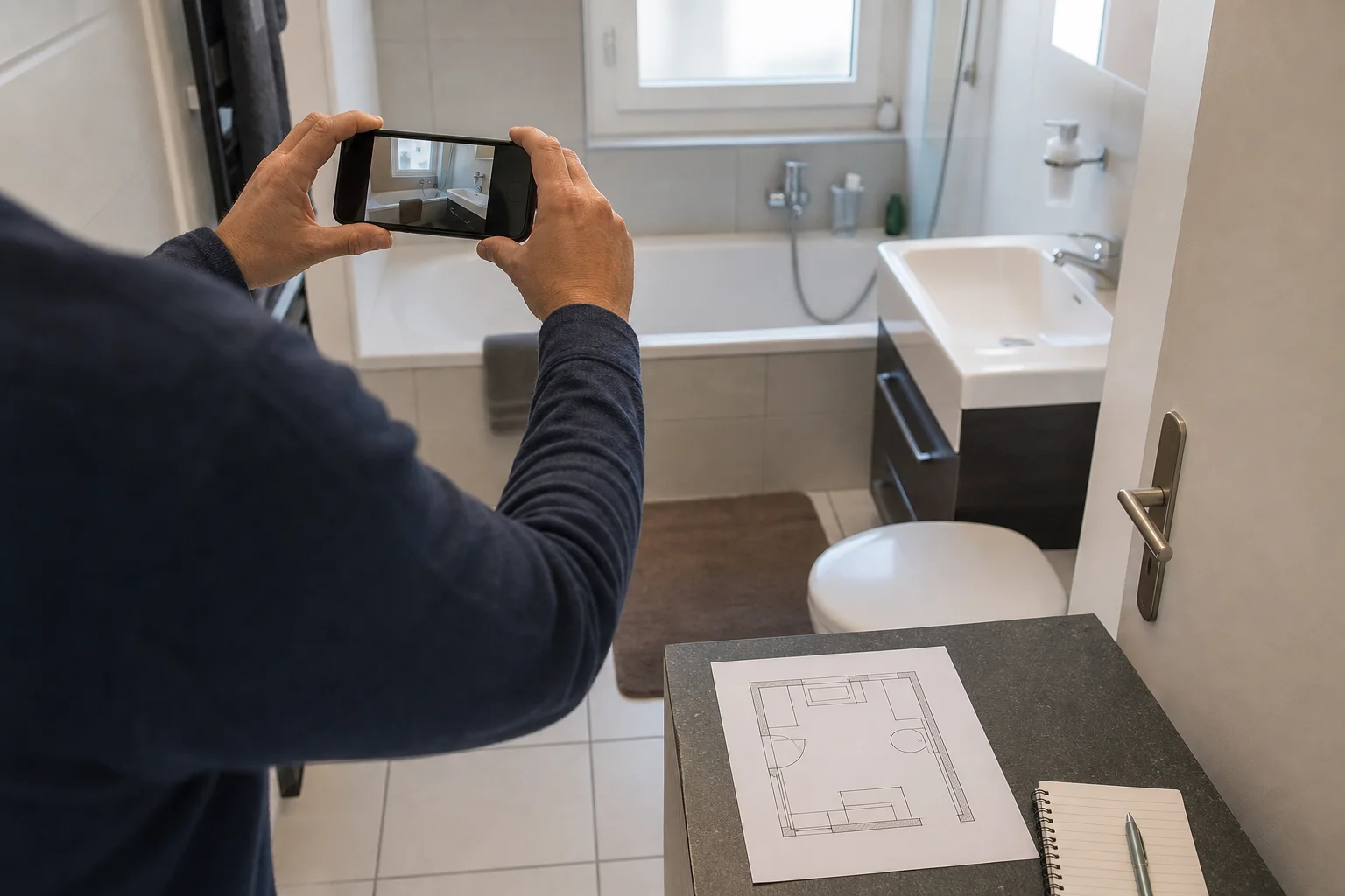 Fotos, alte Unterlagen und eine Liste offener Fragen bereiten die Besichtigung einer Badrenovation vor.