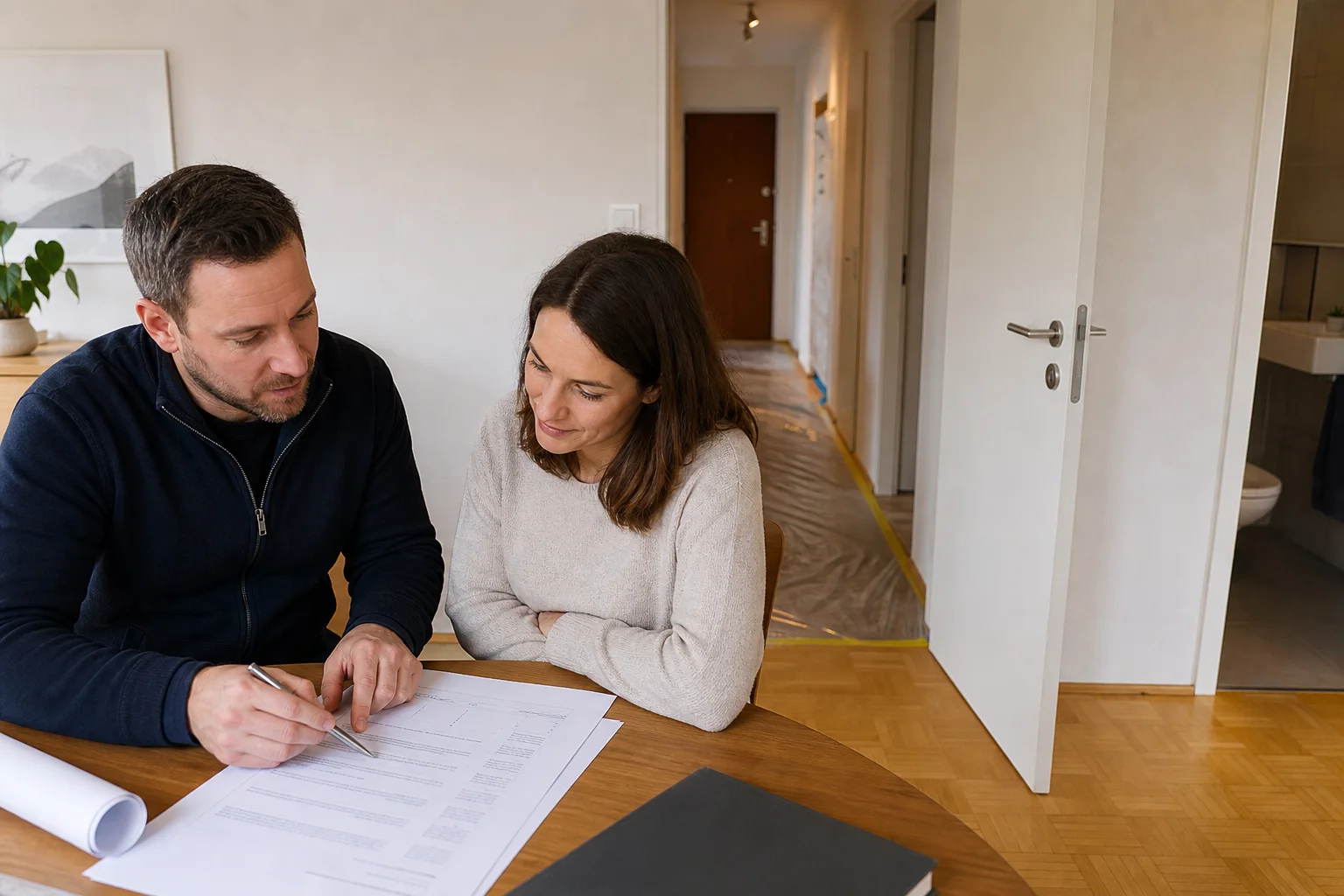 Eine Koordinationsbesprechung ordnet Sanitärarbeiten, Oberflächen, Elektro und Zugänge.