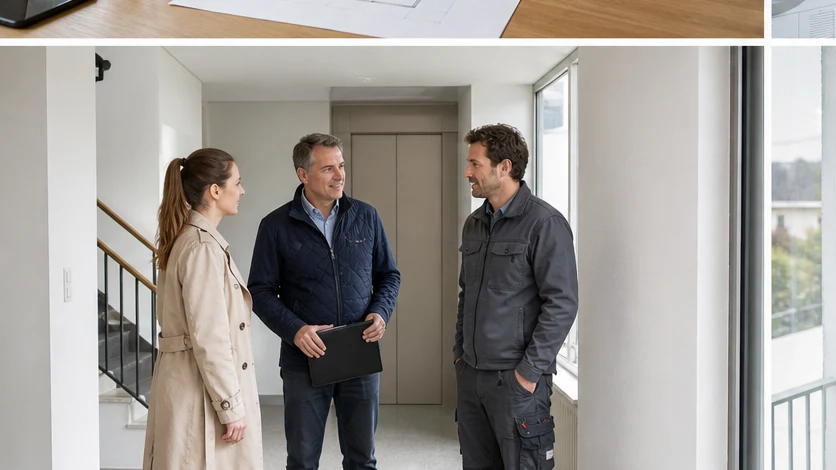Eine Mieterin, ein Verwalter und ein Handwerker besprechen Zugang und Termine in einem Mehrfamilienhaus